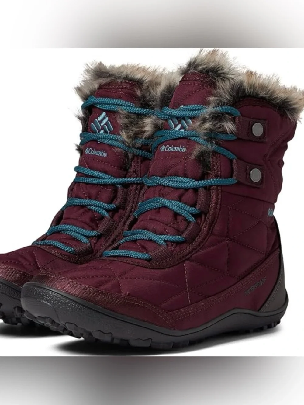 Columbia Women's minx shorty lll Maroon Winter Boots with Teal Laces side 7.5